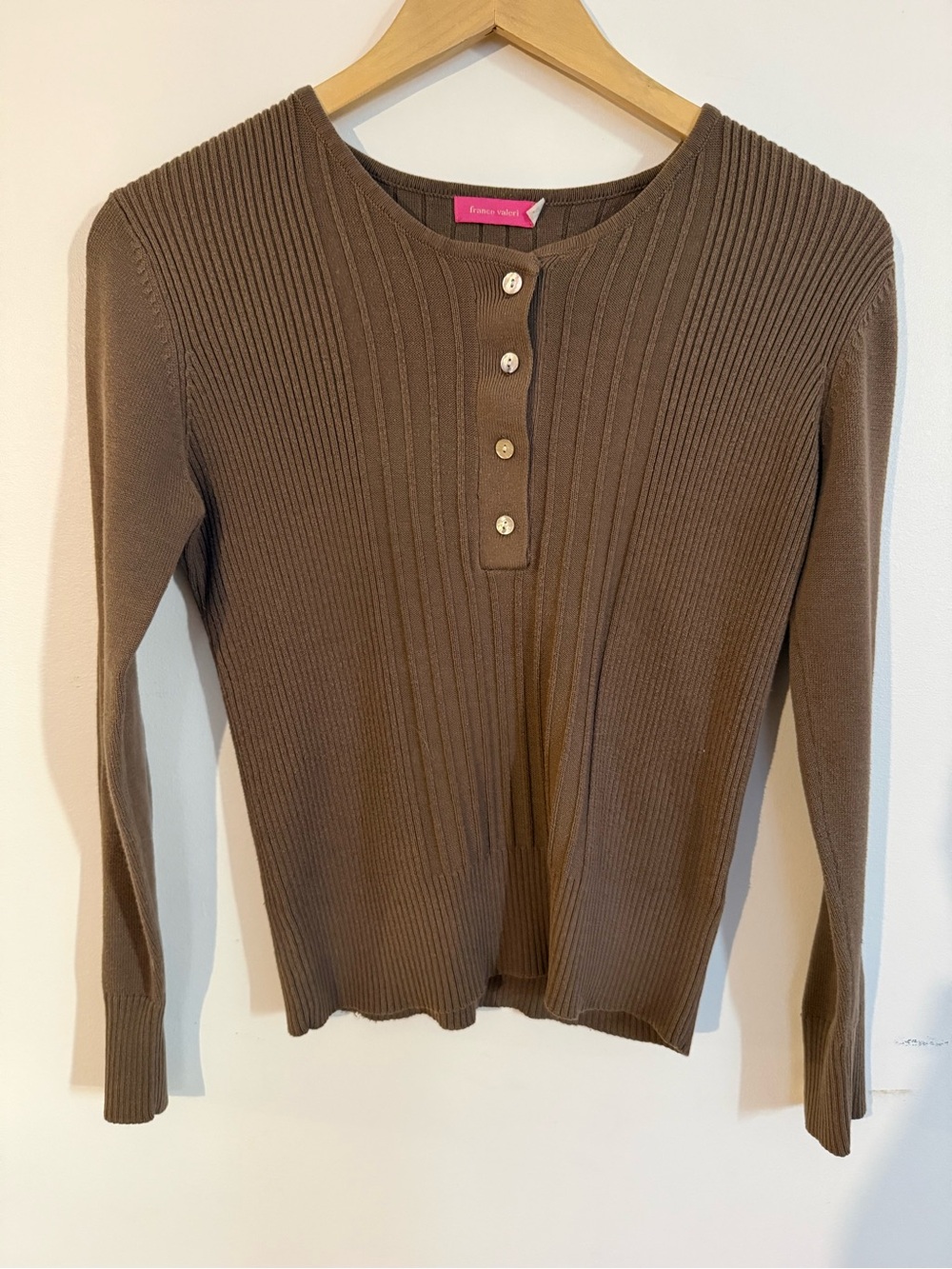 Franco Valeri Brown Ribbed Henley Sweater Medium